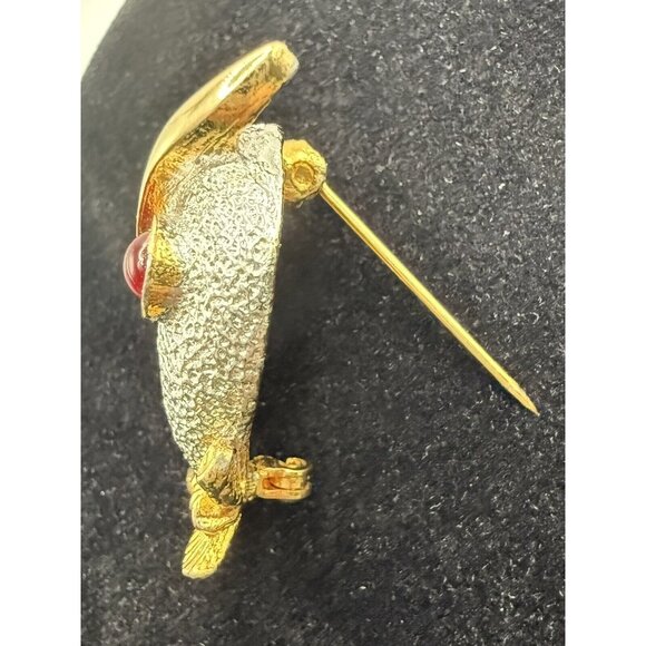 Vintage Perched Owl Brooch Pin Gold and Silver Tone Red Glass Cabochon Eyes - Picture 6 of 10